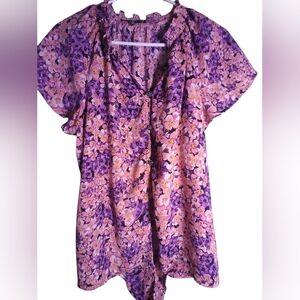 Adrienne Vittadini Floral Purple Tie-Front Women’s Top Button Front Size L